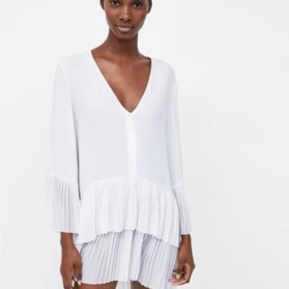 ZARA White PLEATED DRESS BLOUSE TUNIC Flowing V-neck blouse long sleeves - Picture 10 of 15
